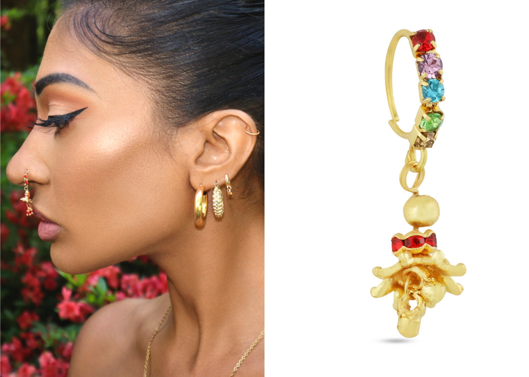 Gold Plated Multicolored Nose Ring with Dangling Red And Gold Flower Ends