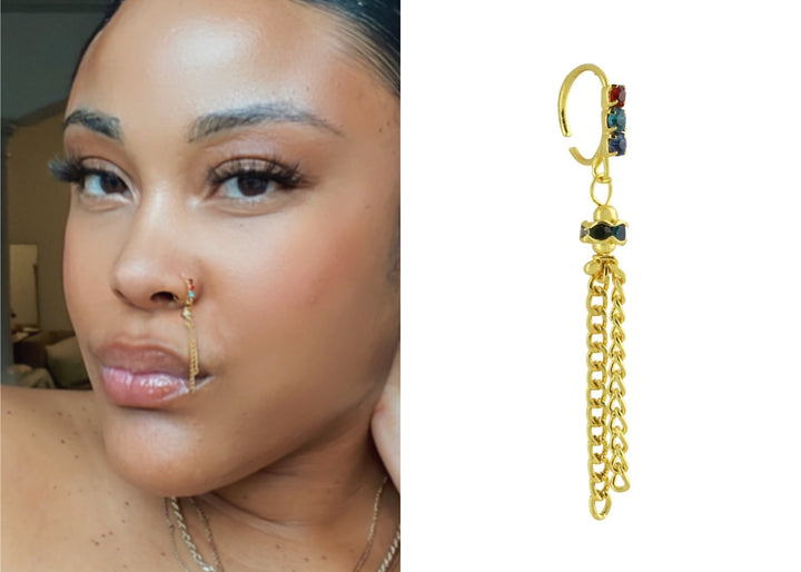Gold Plated Multicolor Nose Ring with Dangling Deco Chain End