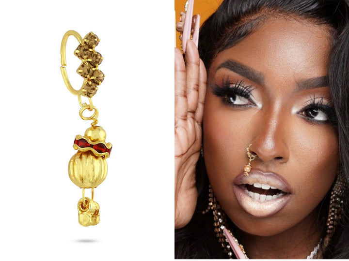 Gold Zig Zag with Red Corrugated Ball End Nose Ring