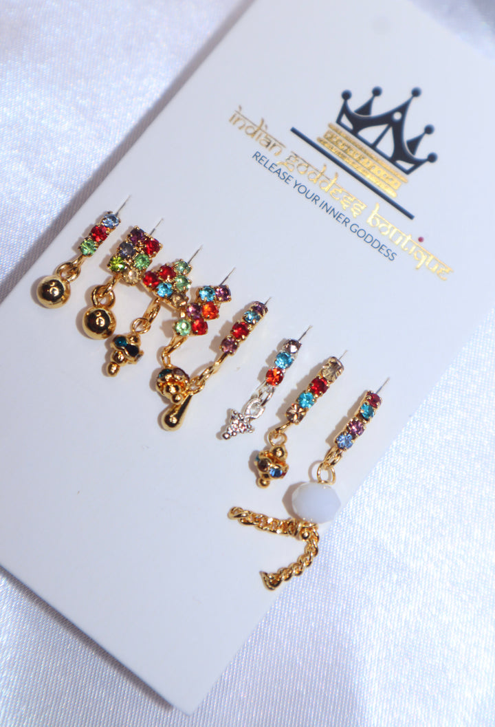 Set of 8 Colorful Dangling Nose Rings