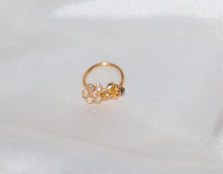 14k Gold Plated White and Black Diamond Nose Ring with Flower Design