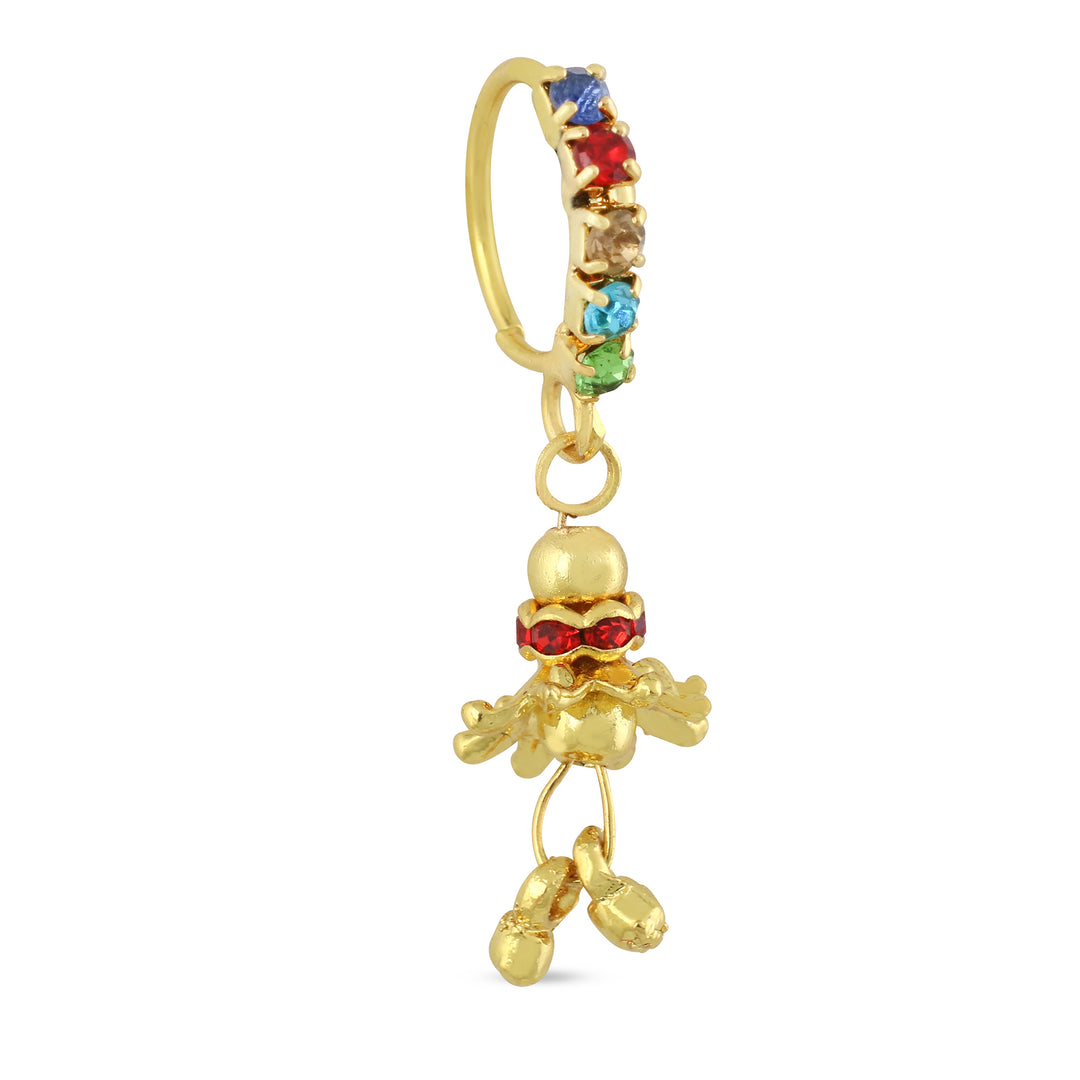14K Gold Plated Multicolored Nose Ring with Dangling Red And Gold Flower Ends