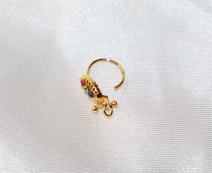 Leaf Hoop Nose Ring With Colorful Diamonds and Dangling Ends