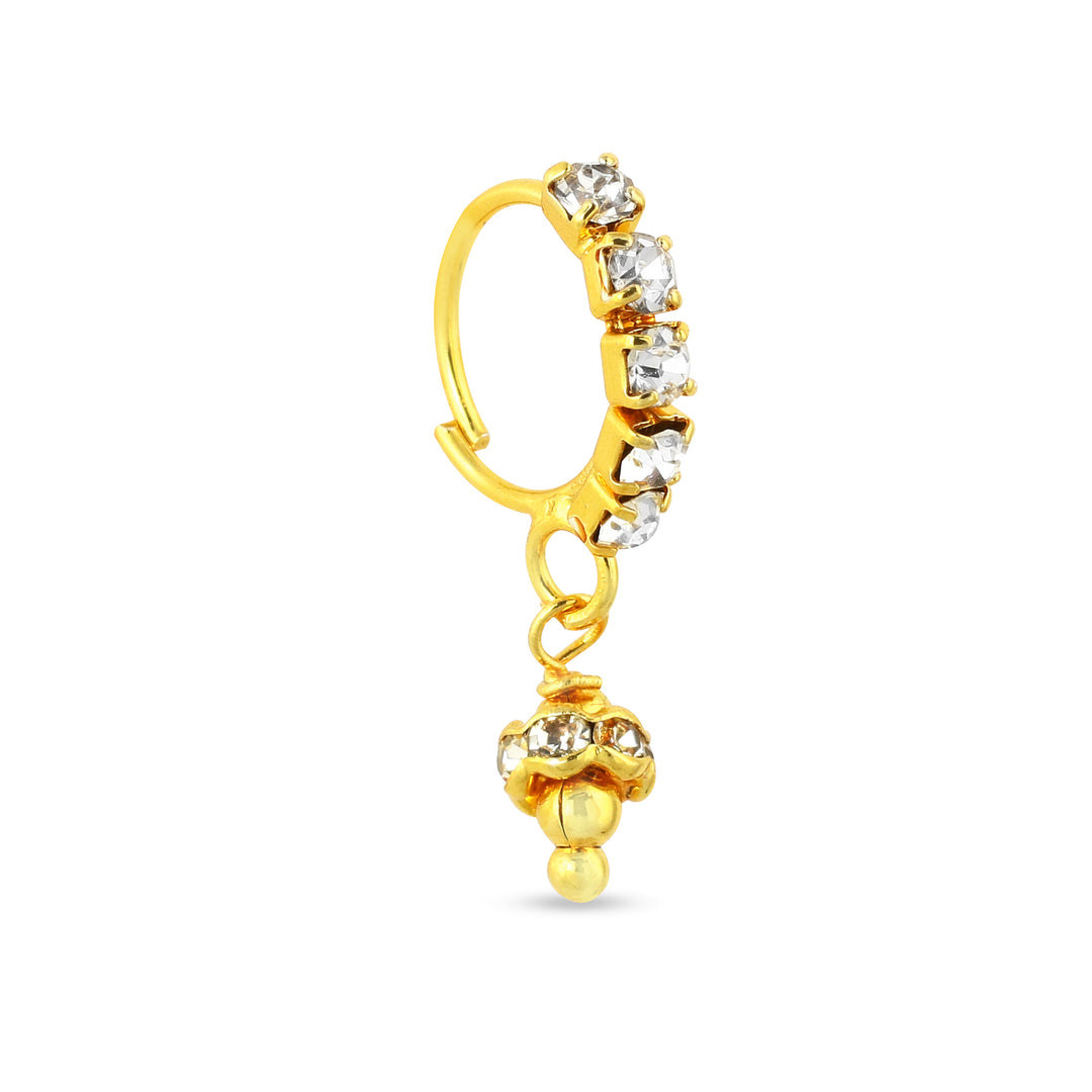 Gold Hoop Nose Ring with 5 Diamonds and Dangling Ball End