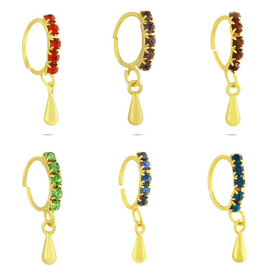 Set of 6 Colored Diamond Gold Hoop Nose Rings with with Tear Drop 
