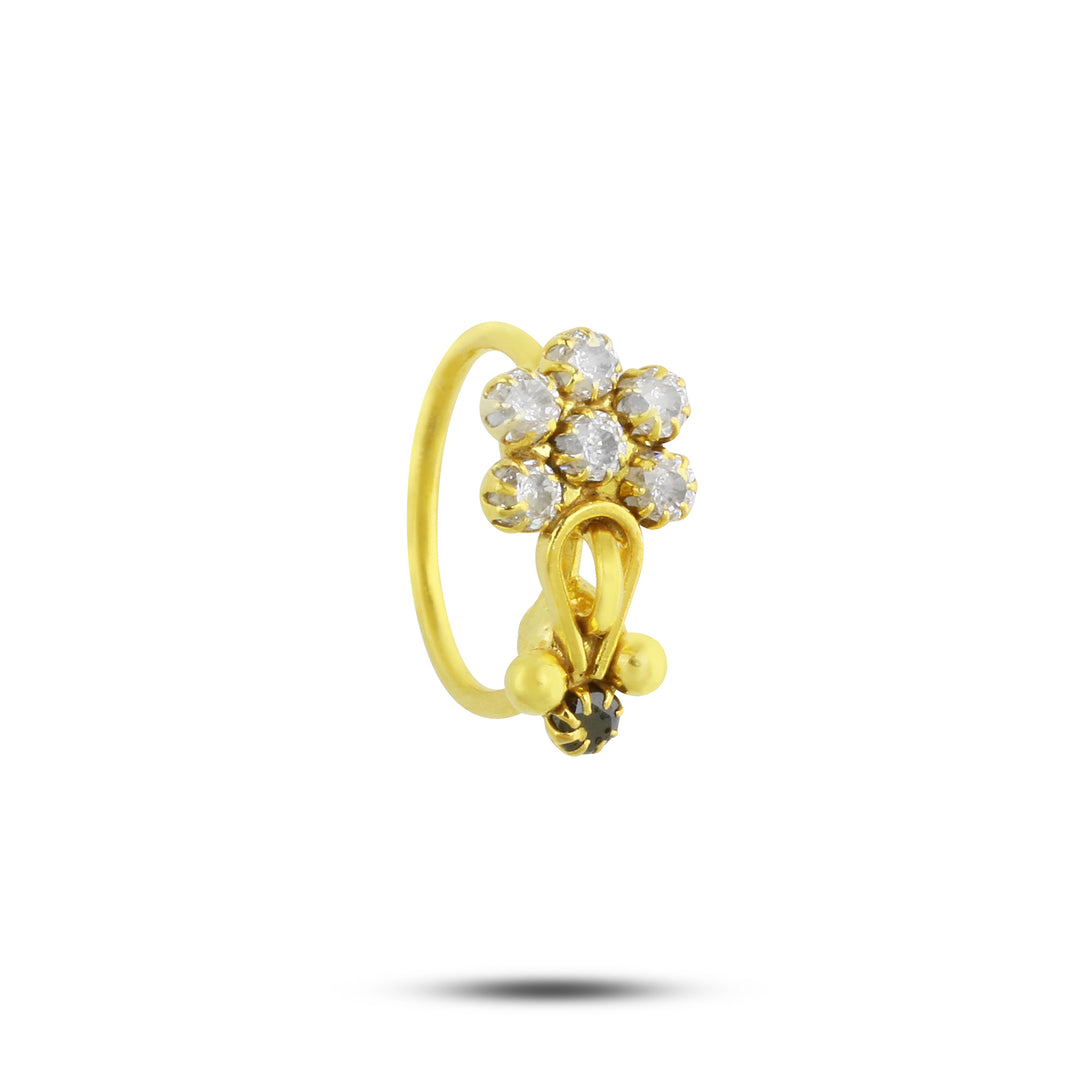 14k Gold Plated White and Black Diamond Flower Nose Ring