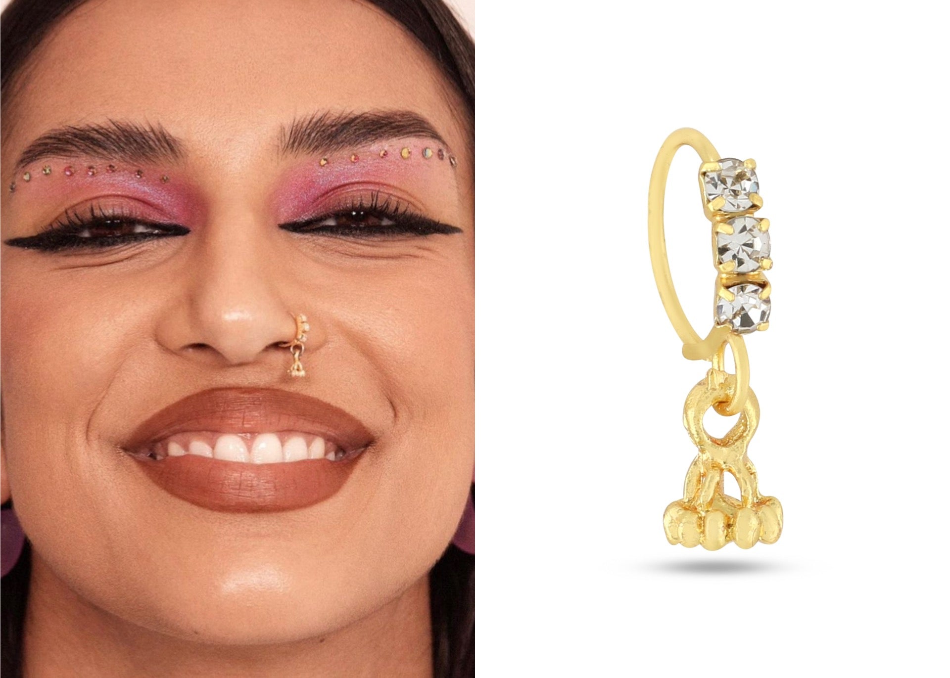 3 Diamond Gold Crown Dangling Nose Ring