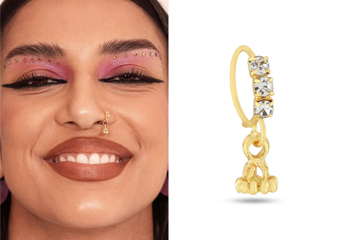 3 Diamond Gold Crown Dangling Nose Ring
