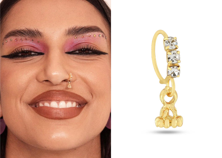 3 Diamond Gold Crown Dangling Nose Ring