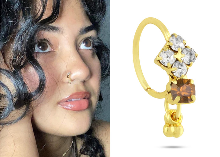 4 Diamonds Colored Stone, with Dangling End Hoop Nose Ring