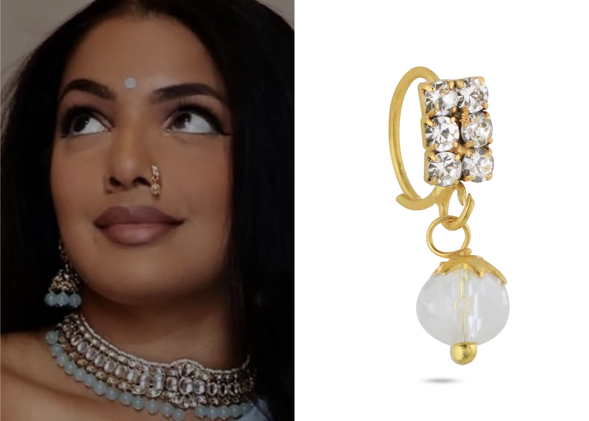 Gold Plated Square 6 Diamond Nose Ring with Clear Ball End