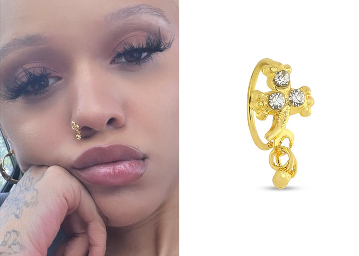 Gold Plated Ornamental Cross Nose Ring