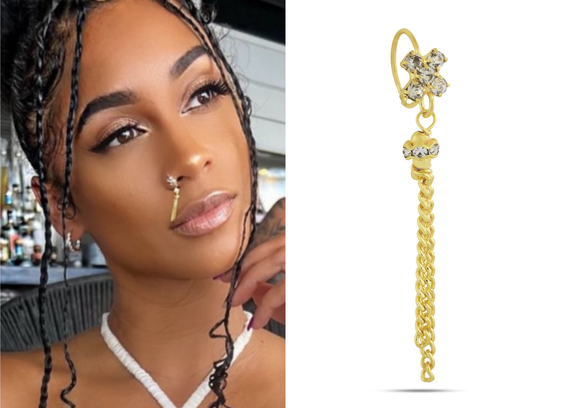 X Diamond Design Nose Ring with Long Dangling End