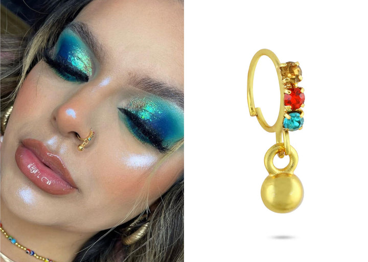 3 Multicolor Diamond with Gold Ball End Hoop Nose Ring