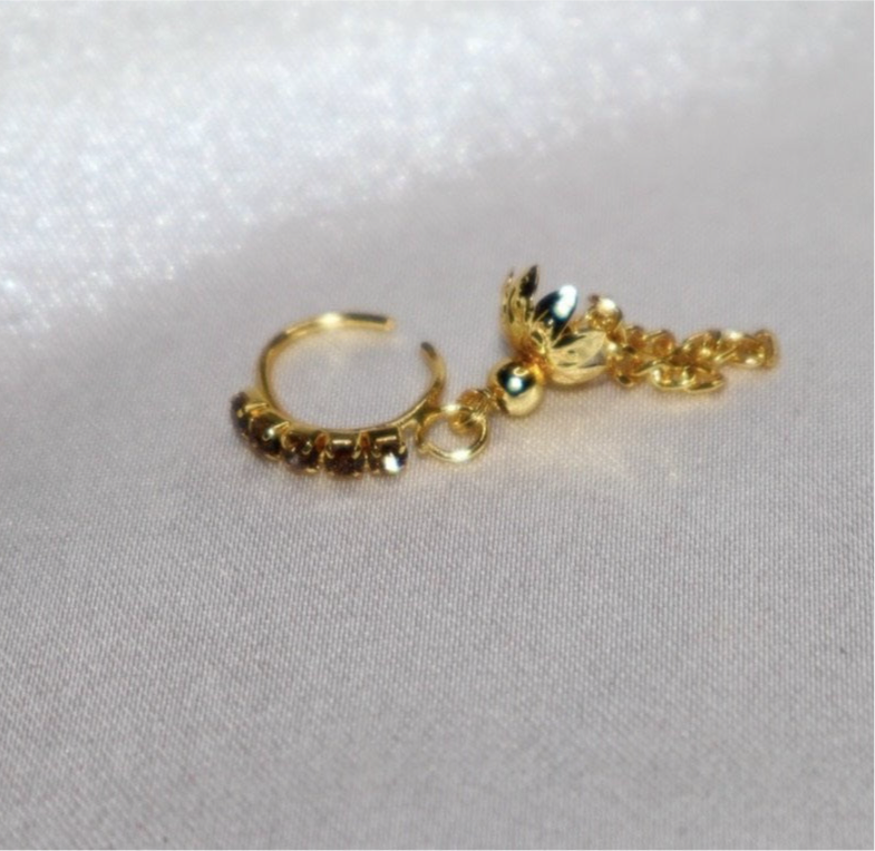 Brown Diamond Nose Ring with Long Gold Dangling Flower End