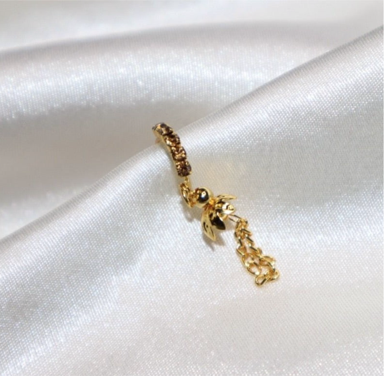 Brown Diamond Nose Ring with Long Gold Dangling Flower End