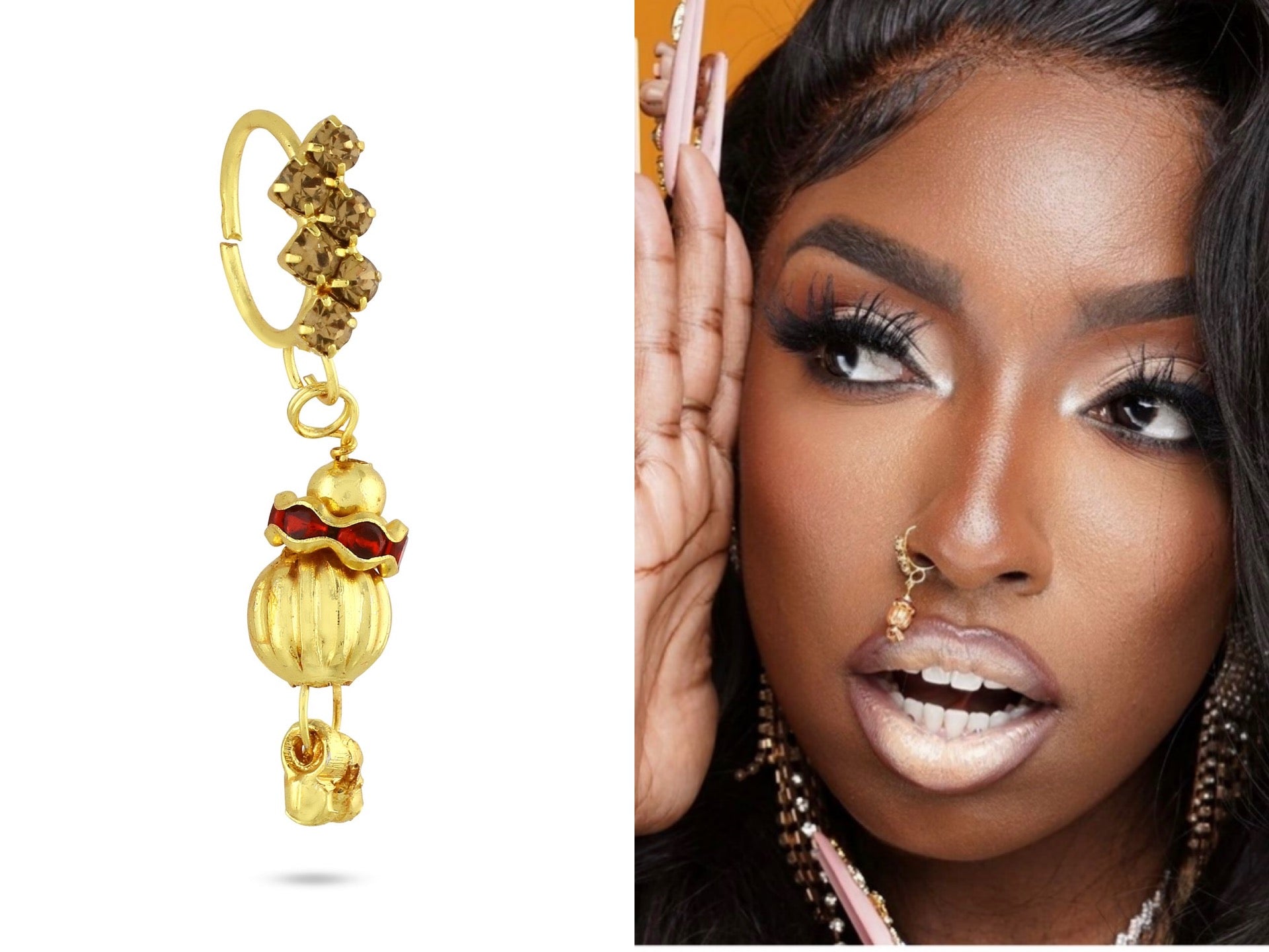 Gold Zig Zag with Red Corrugated Ball End Nose Ring