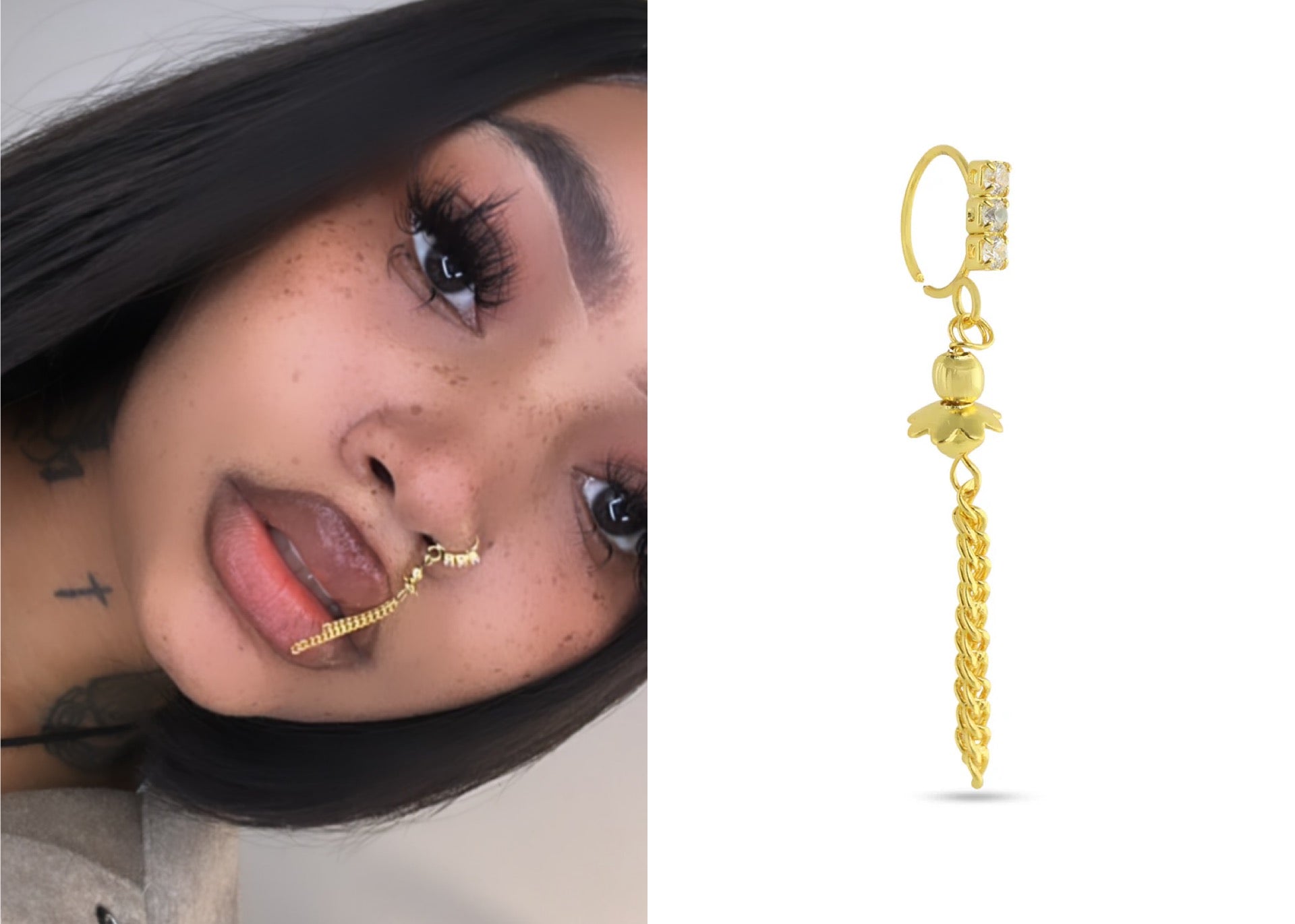 Gold Plated Diamond with Long Ornamental End Nose Ring