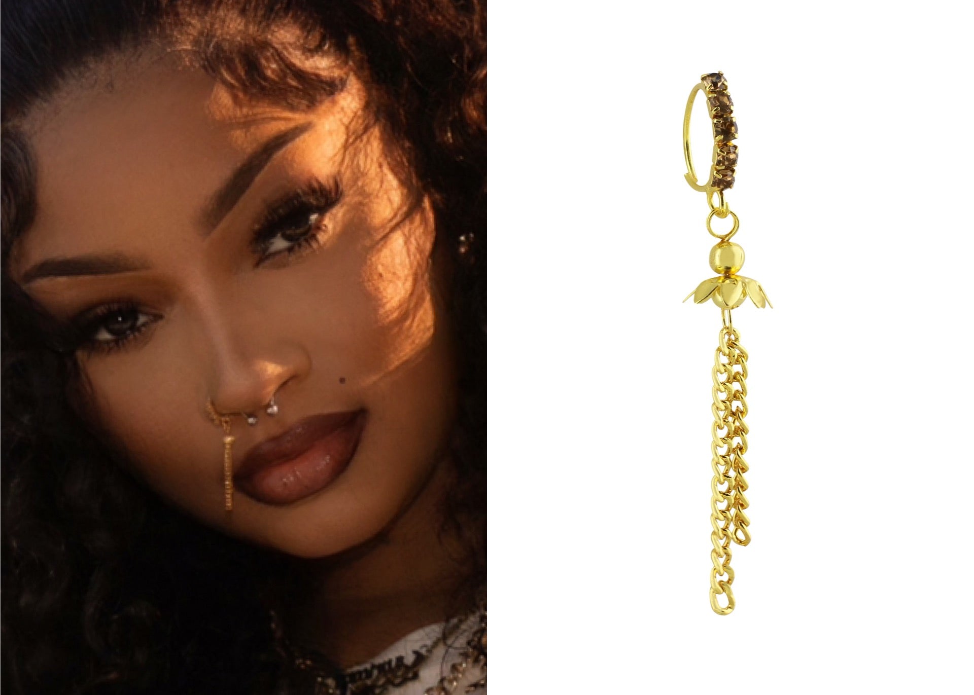Brown Diamond Nose Ring with Long Gold Dangling Flower End