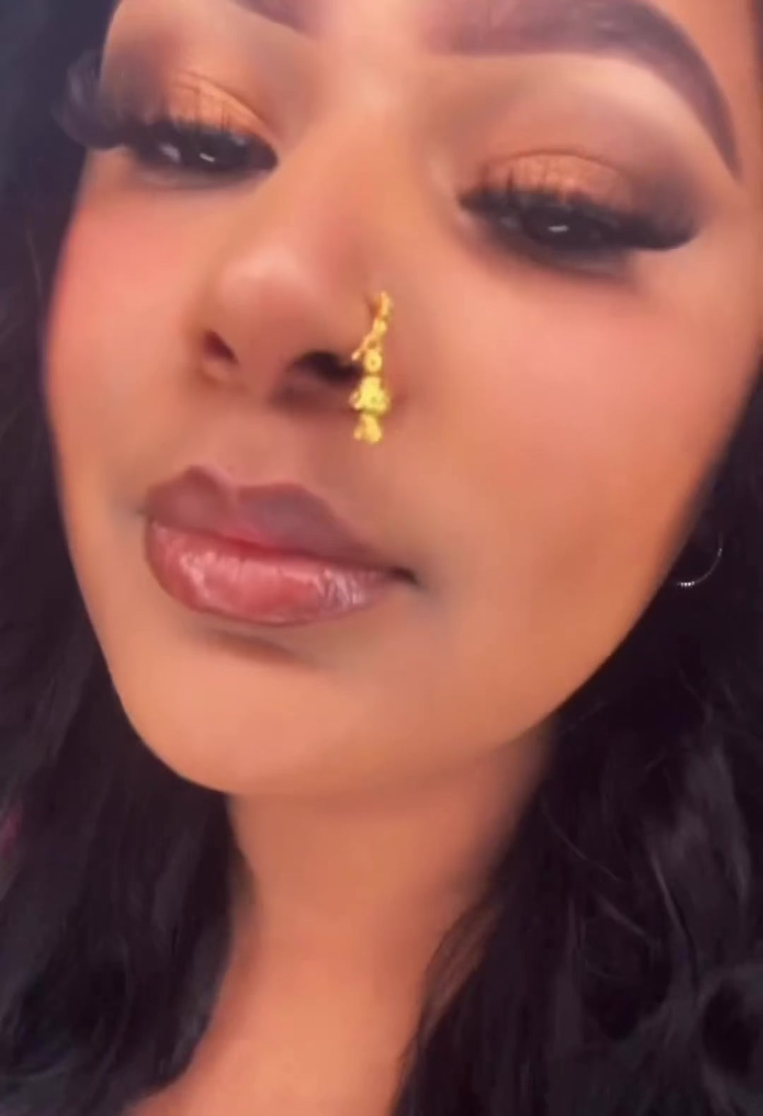 Gold Nose Ring with 3 Diamonds and Dangling Bell End