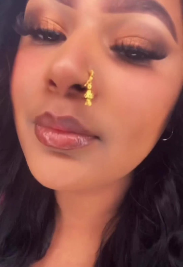 Gold Nose Ring with 3 Diamonds and Dangling Bell End