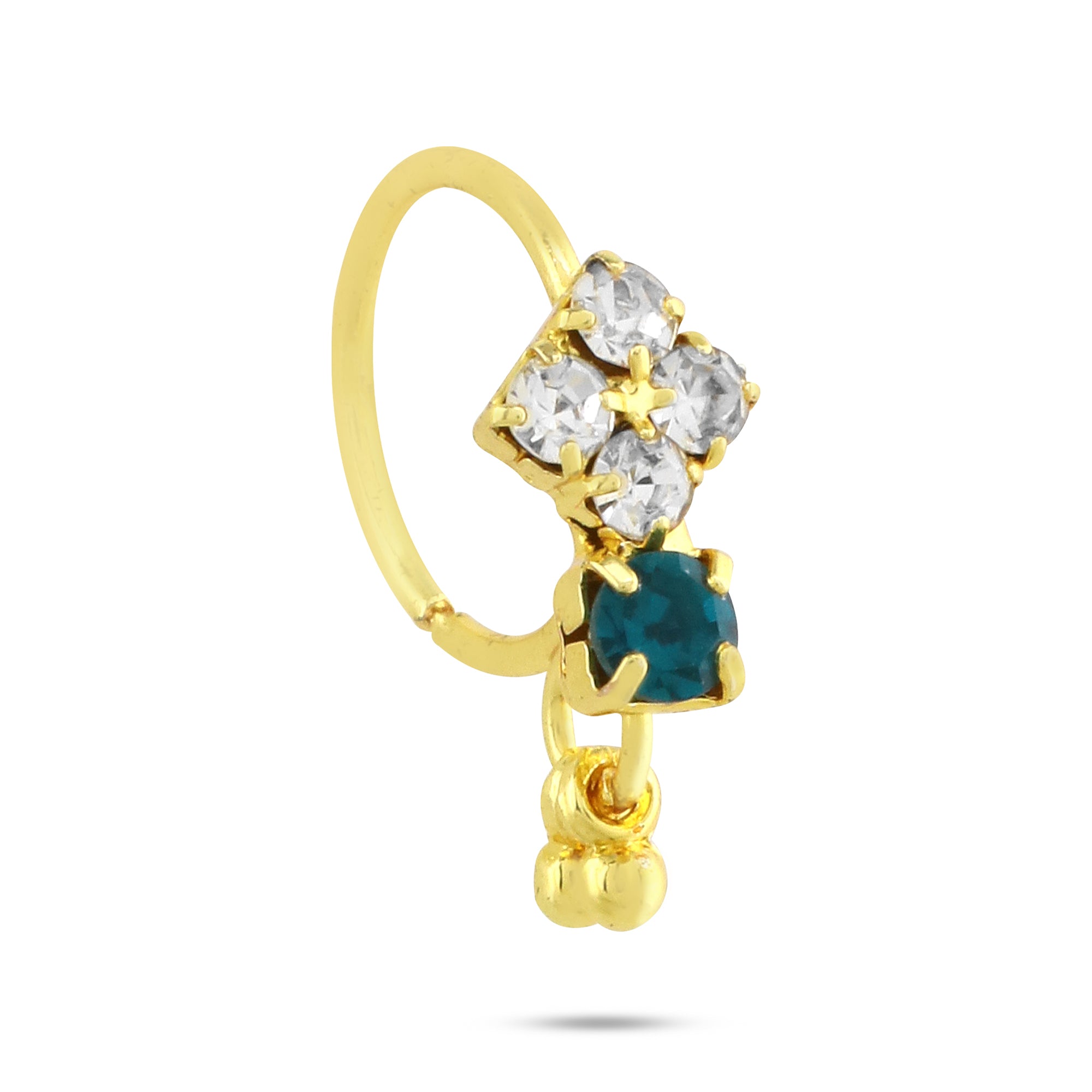 Hoop Nose Ring with Diamonds, Colored Stone, and Dangling End