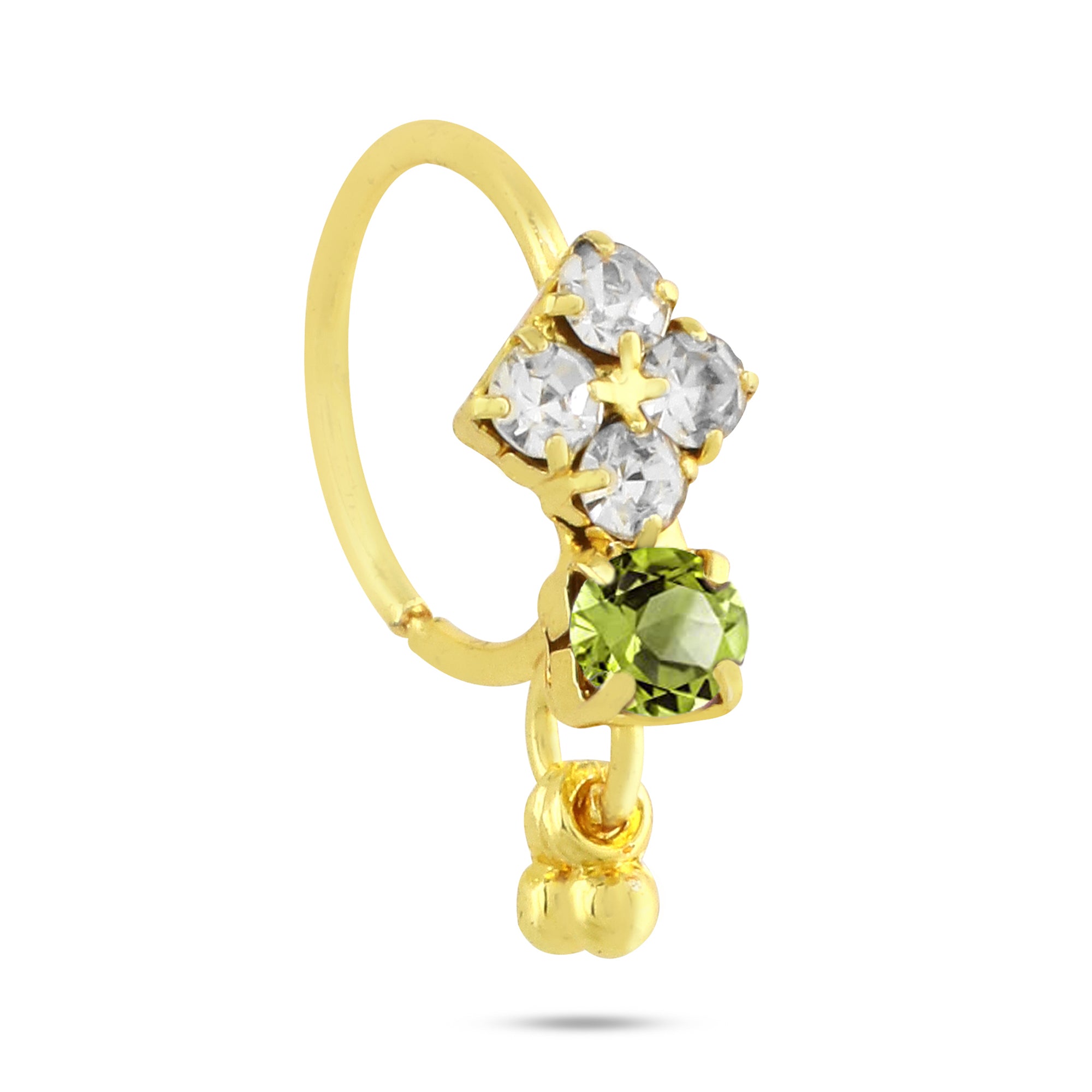Hoop Nose Ring with Diamonds, Colored Stone, and Dangling End