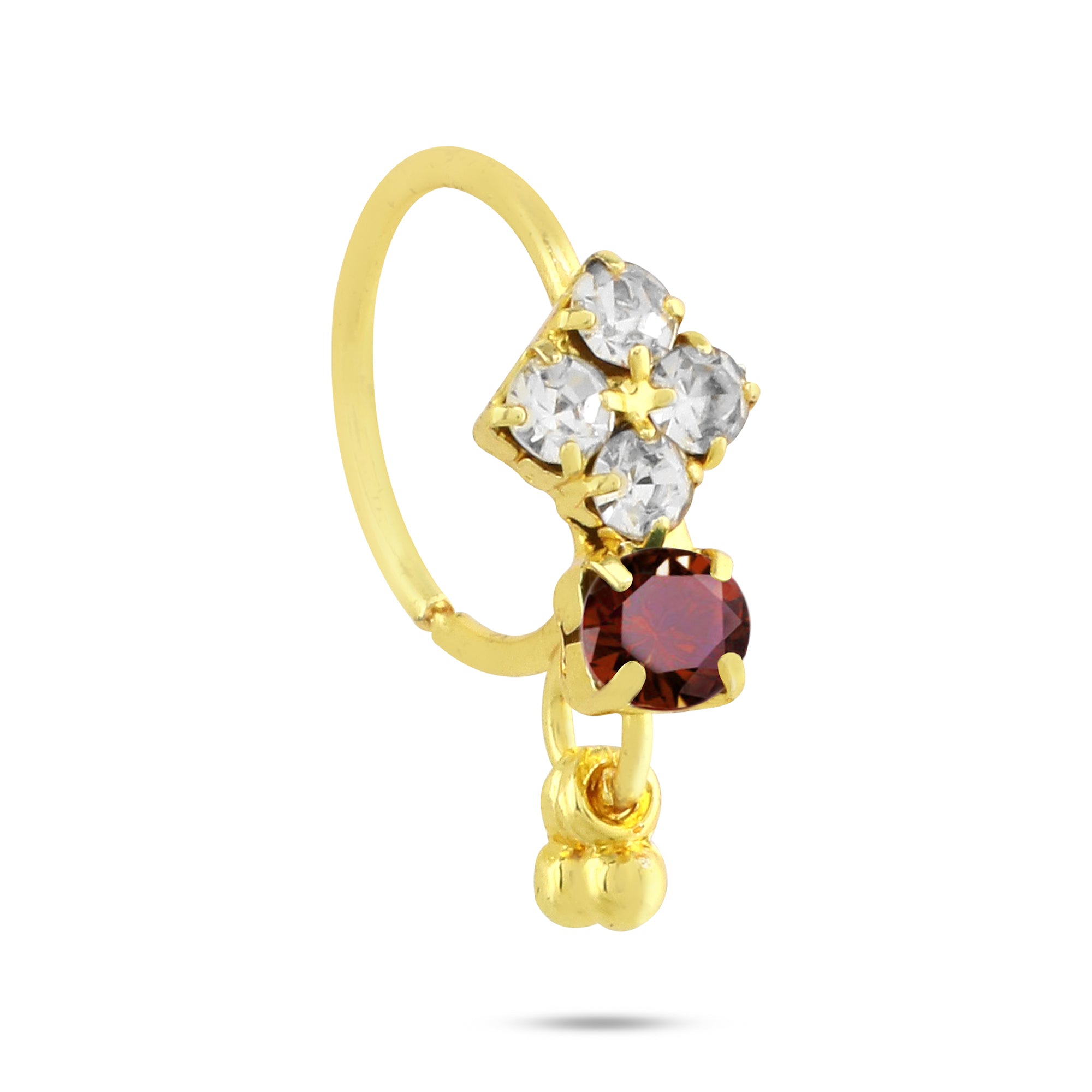 Hoop Nose Ring with Diamonds, Colored Stone, and Dangling End