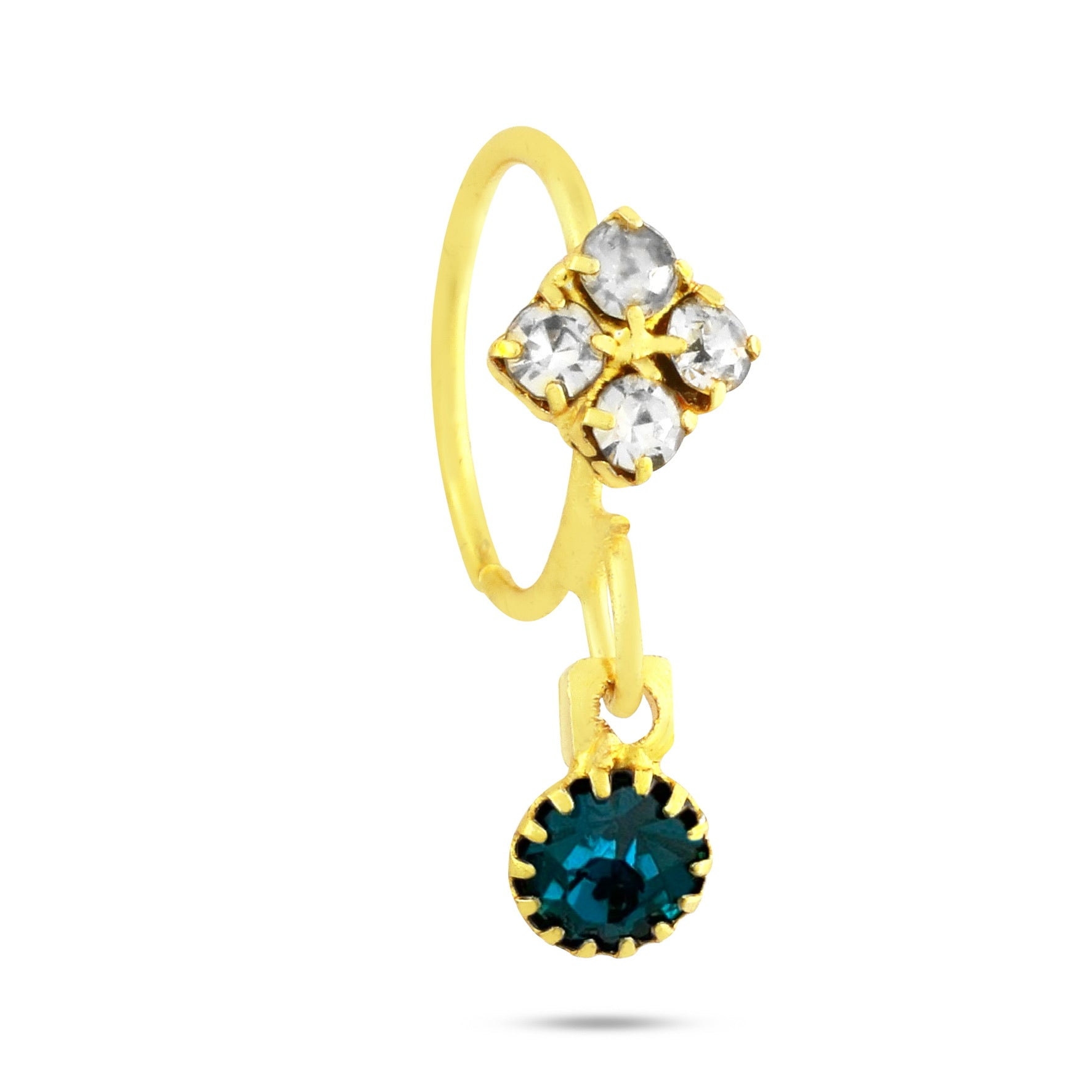 Hoop Nose Ring With 4 Diamonds and Colored Stone Dangling End