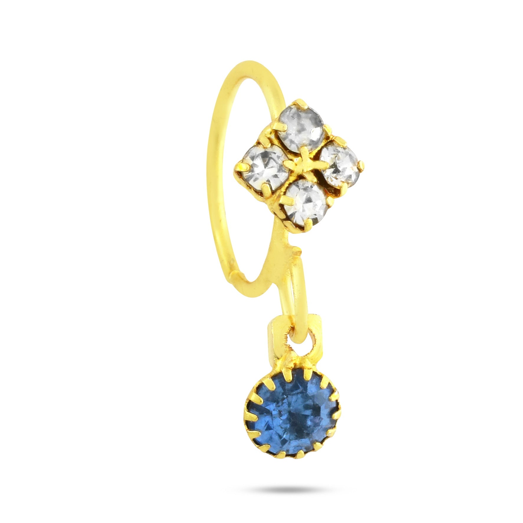 Hoop Nose Ring With 4 Diamonds and Colored Stone Dangling End
