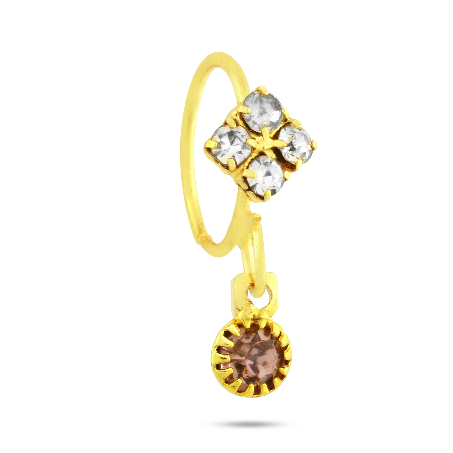 Hoop Nose Ring With 4 Diamonds and Colored Stone Dangling End