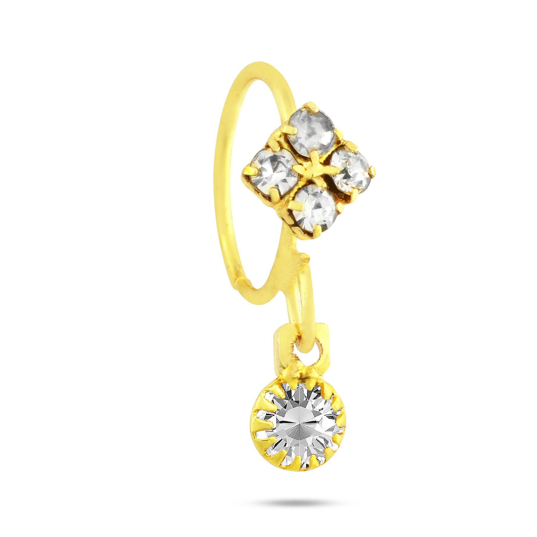 Hoop Nose Ring With 4 Diamonds and Colored Stone Dangling End
