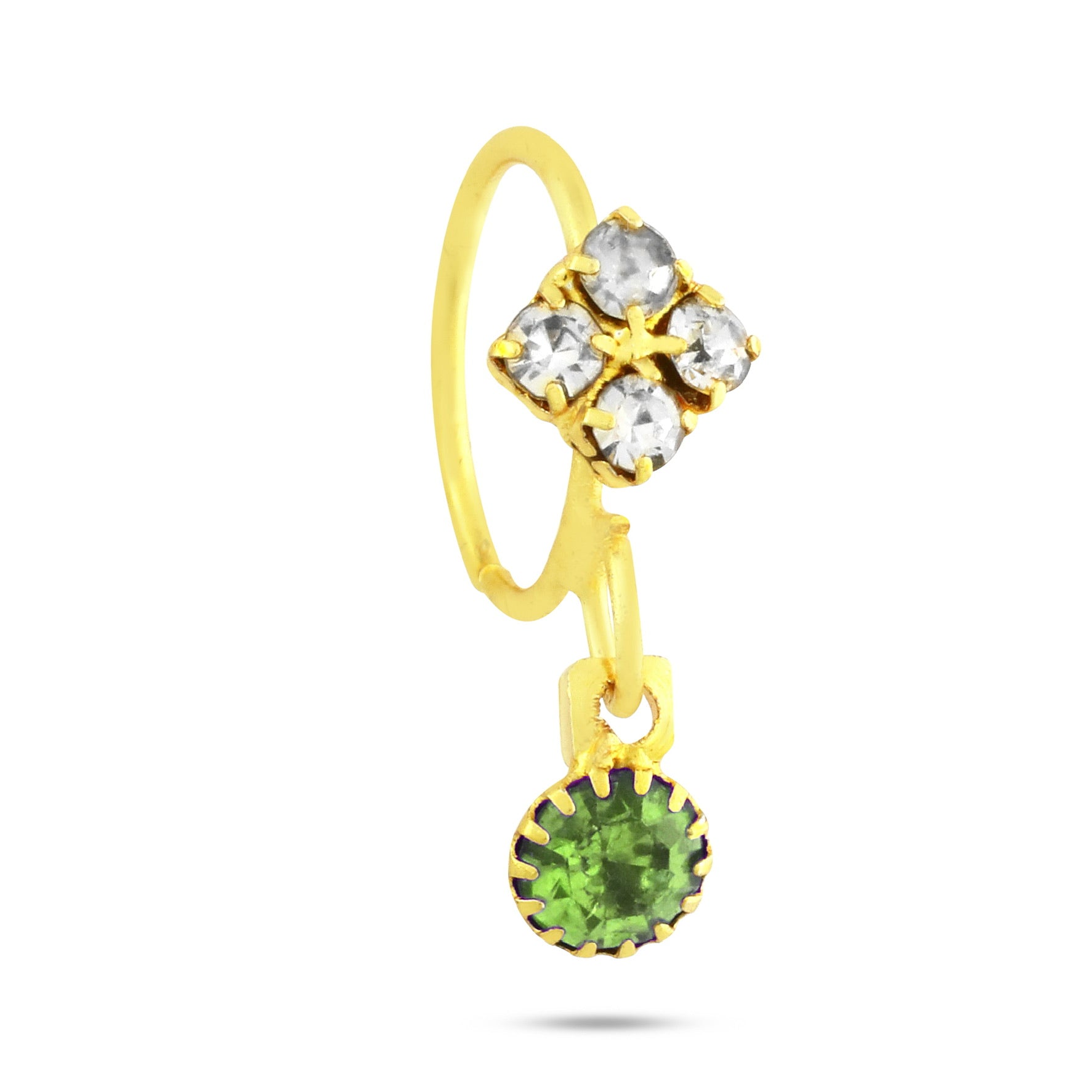 Hoop Nose Ring With 4 Diamonds and Colored Stone Dangling End