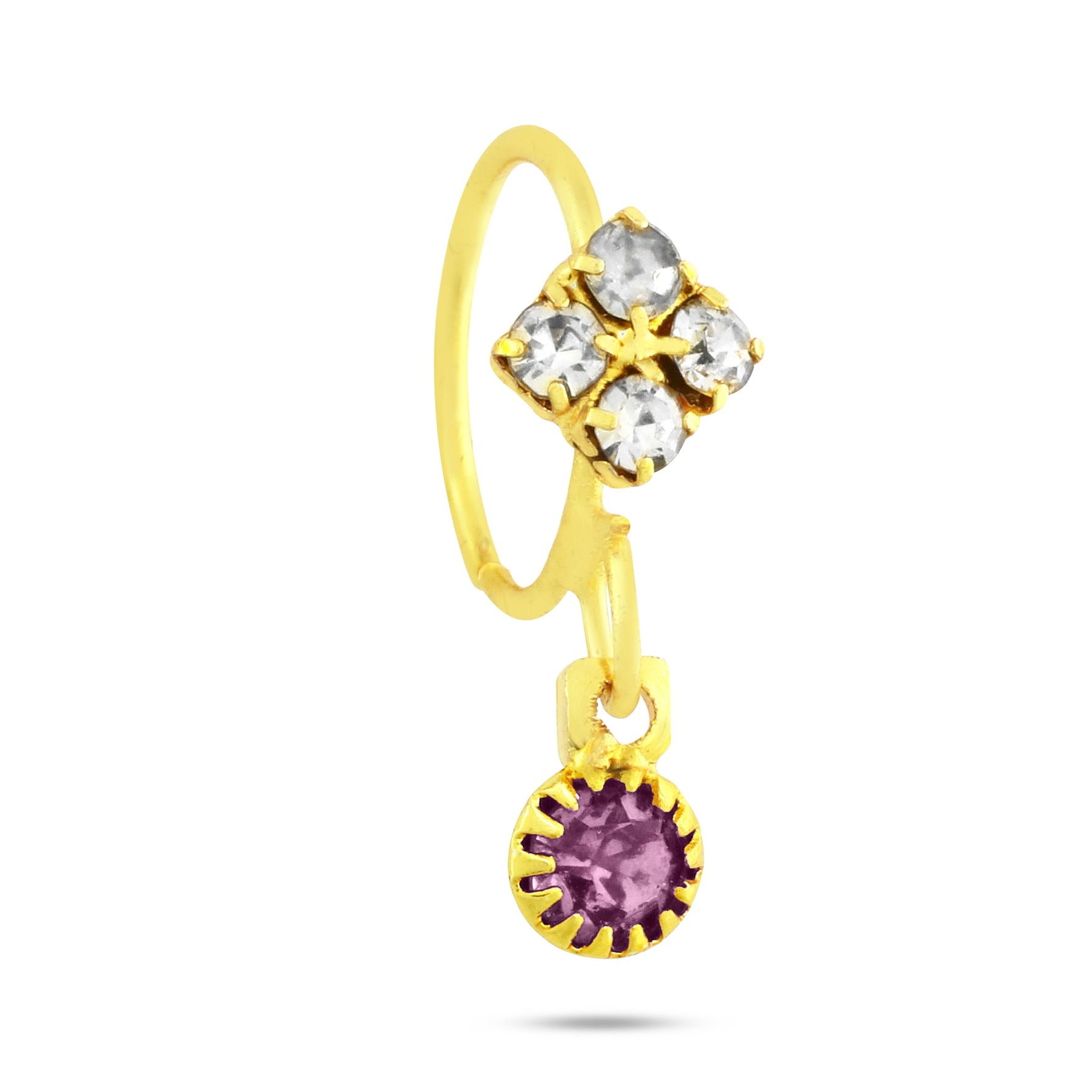 Hoop Nose Ring With 4 Diamonds and Colored Stone Dangling End