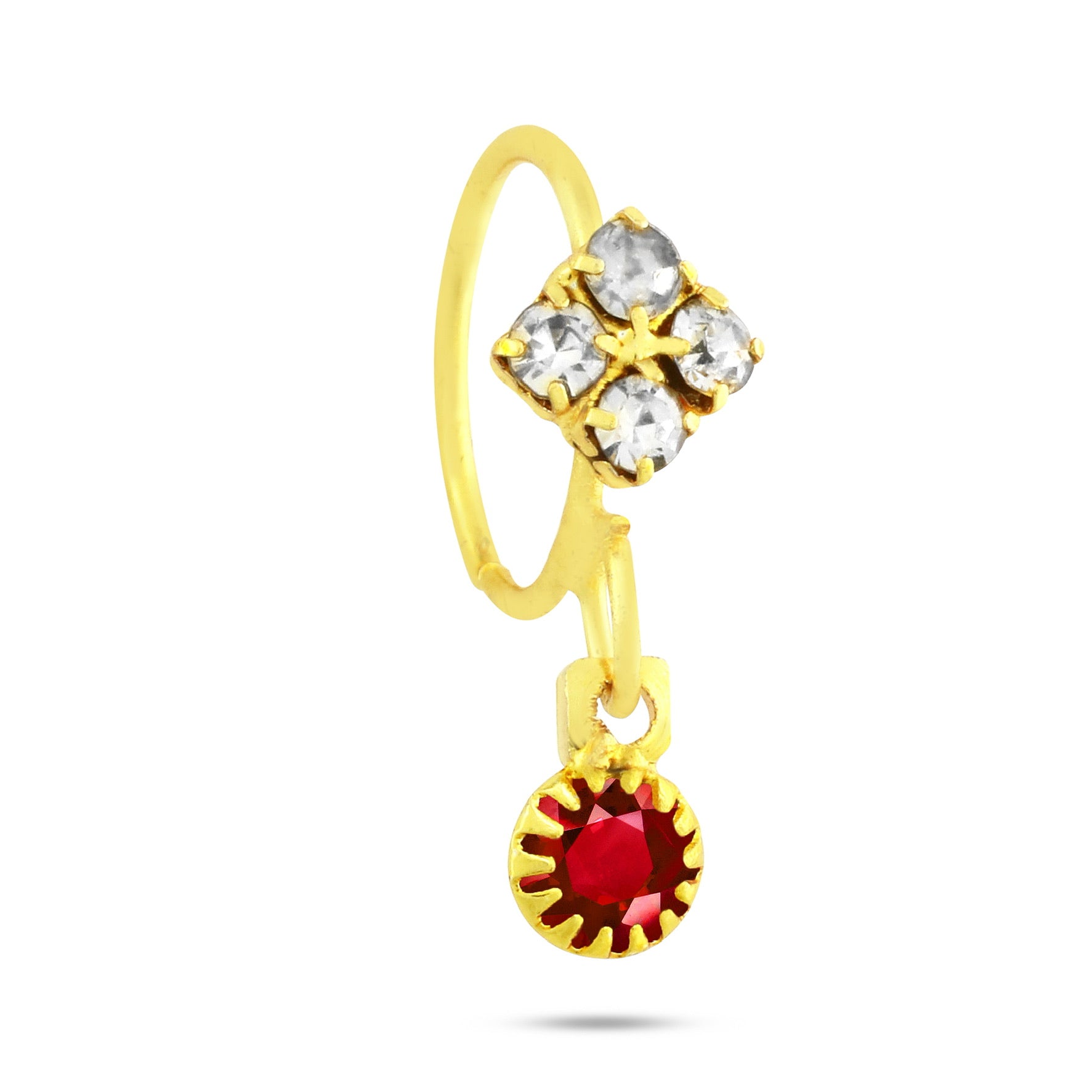 Hoop Nose Ring With 4 Diamonds and Colored Stone Dangling End