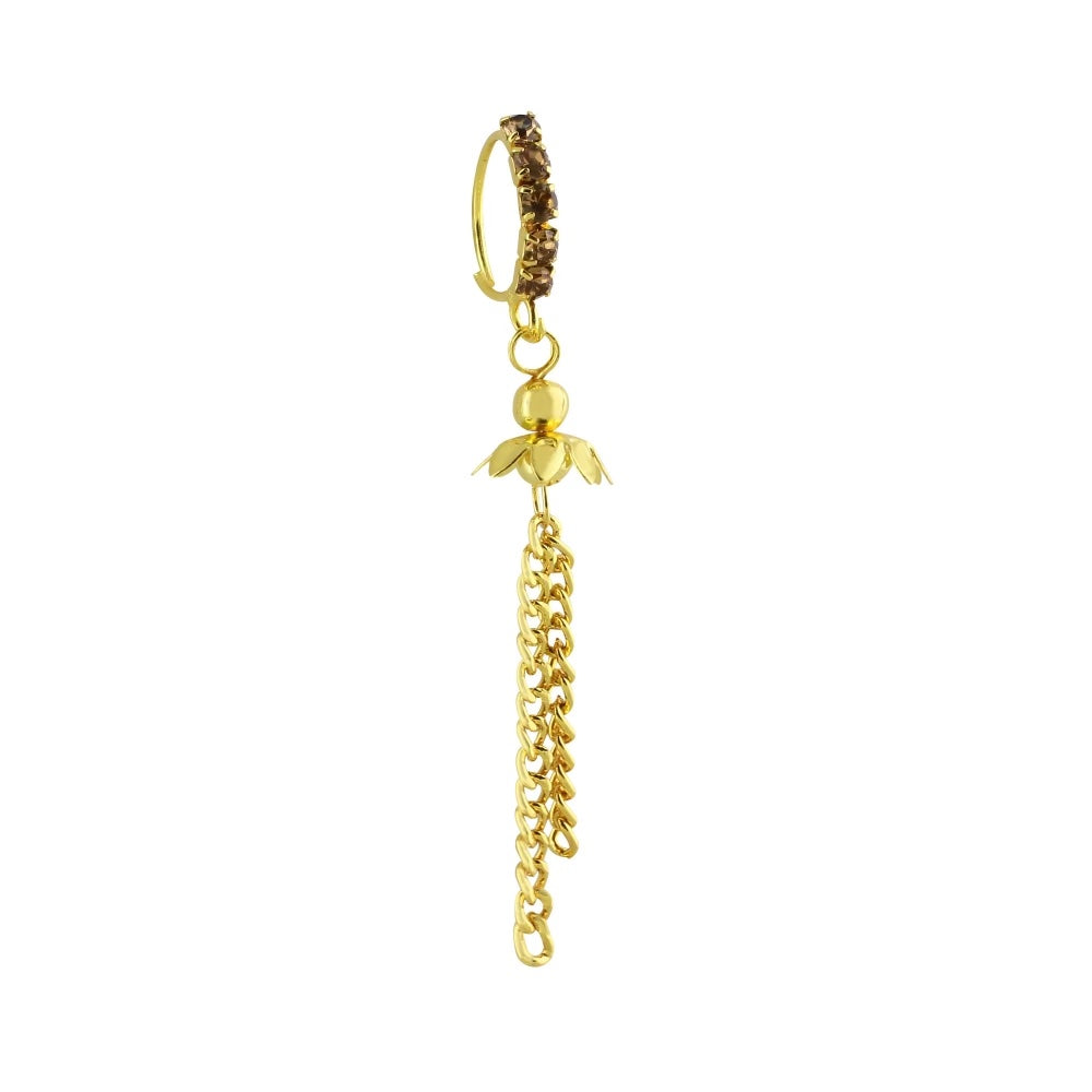 Brown Diamond Nose Ring with Long Gold Dangling Flower End