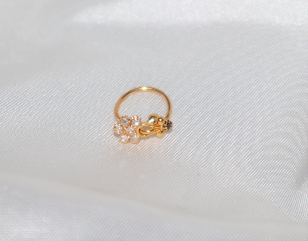 14k Gold Plated White and Black Diamond Nose Ring with Flower Design