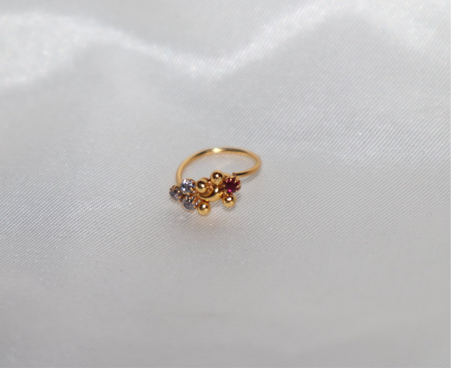 14k Gold Plated Hoop Nose Ring with Red and White Diamonds