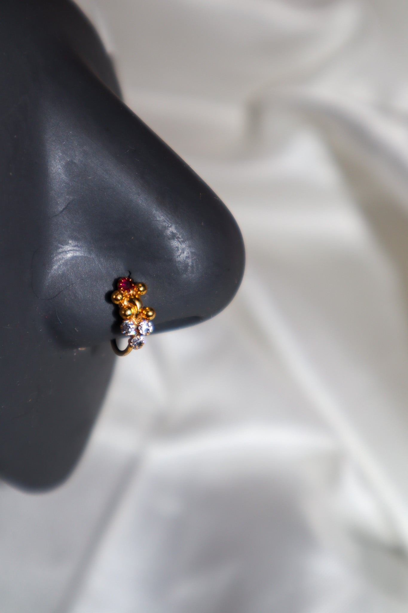 14k Gold Plated Hoop Nose Ring with Red and White Diamonds