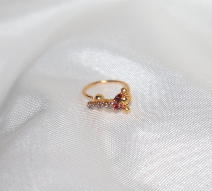 14k Gold Plated Nose Ring with Red and White Diamond Trident Design