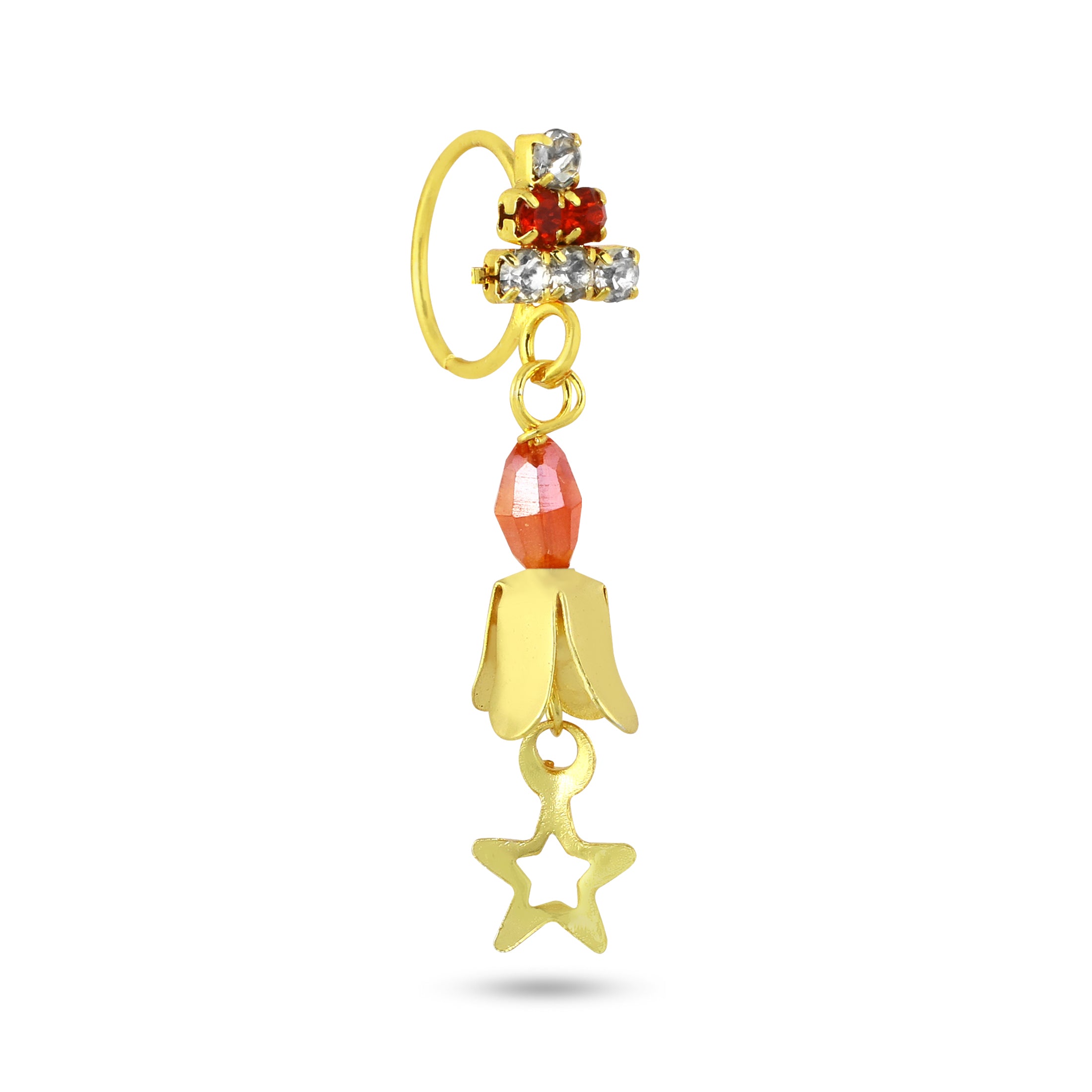 Diamond Triangle Top with Tulip and Star Dangling End Nose Ring