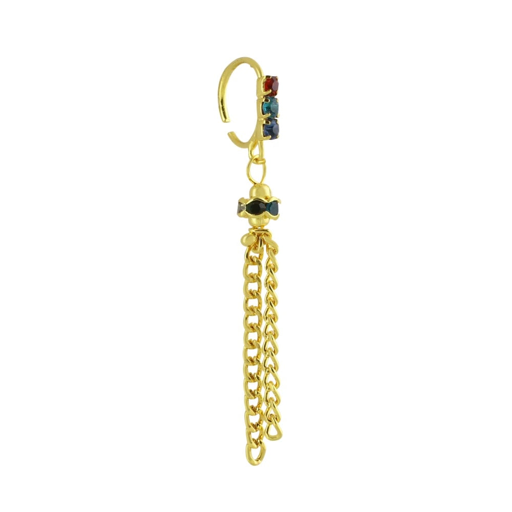 Gold Plated Multicolor Nose Ring with Dangling Deco Chain End