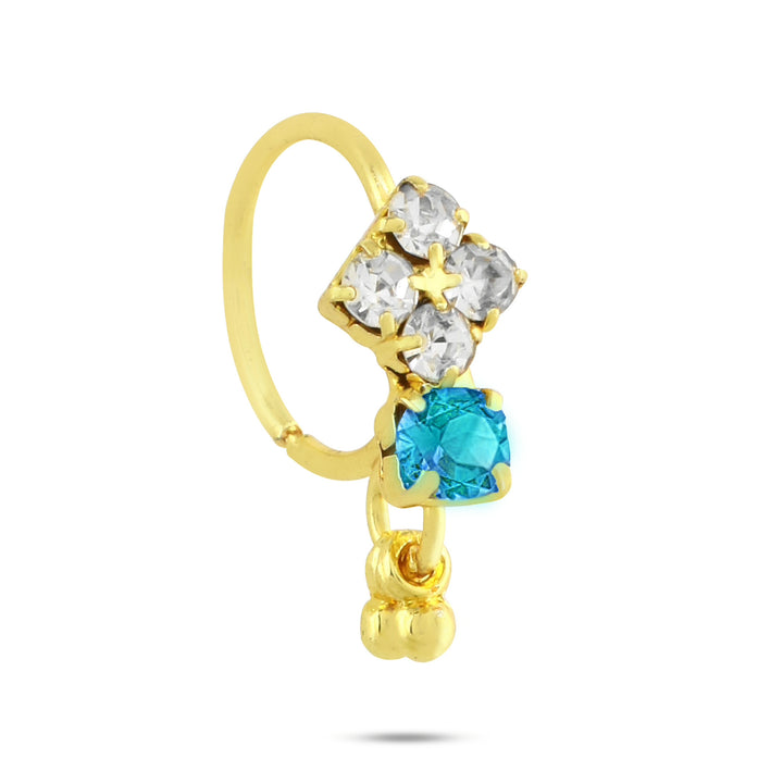 14K Gold Plated Aqua and White Diamond Nose Ring (Part of 6 Set Different Colored Nose Rings)