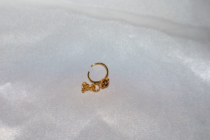 Gold Nose Ring with 4 Brown Diamonds and Dangling Crown End