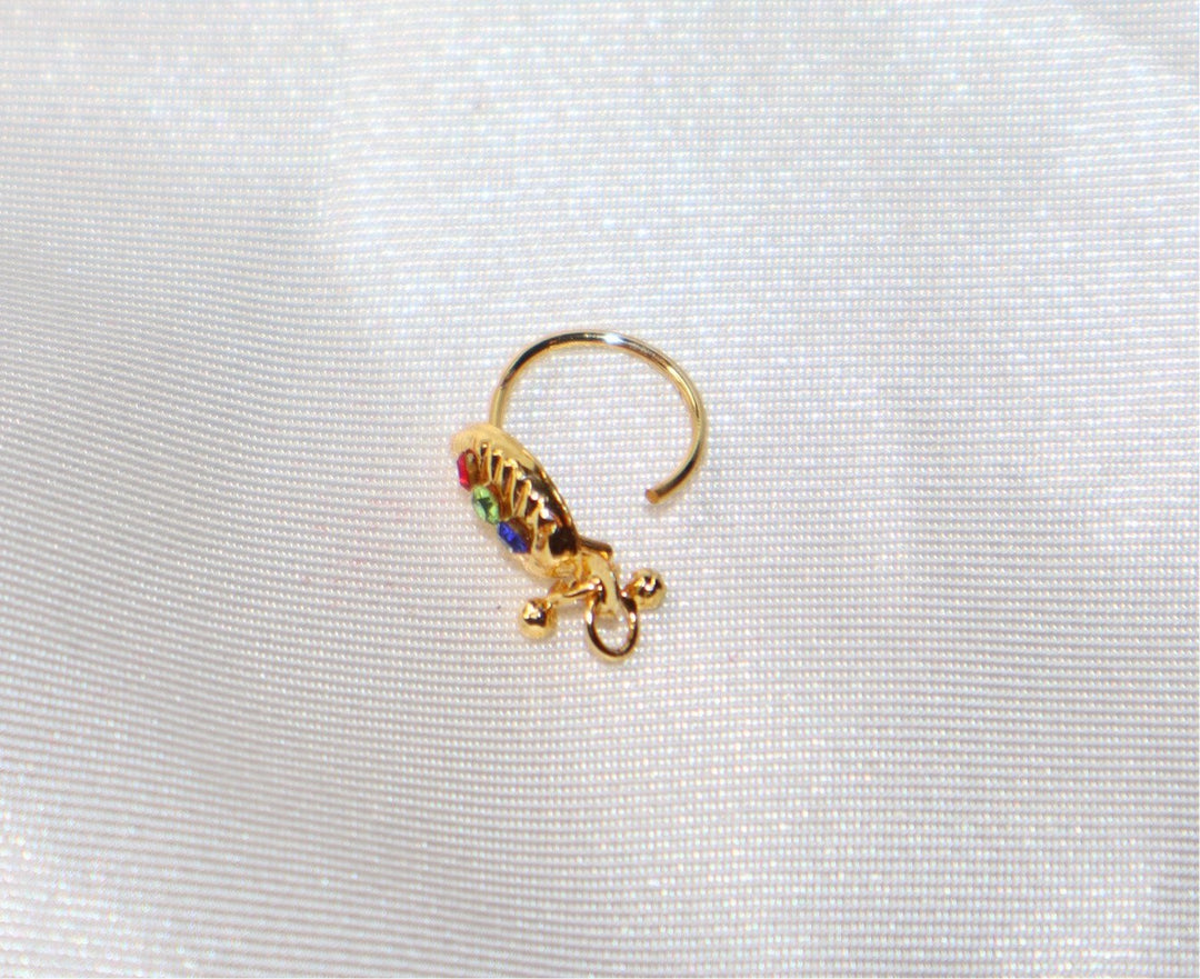 Leaf Hoop Nose Ring With Colorful Diamonds and Dangling Ends