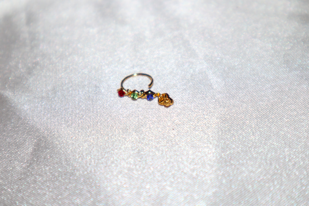 Red, Lime Green, and Blue Nose Ring with Dangling Gold Ends