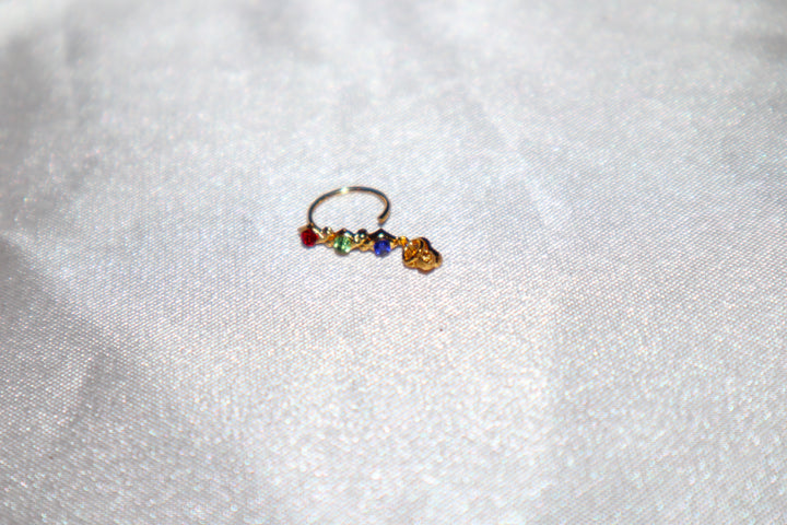 Red, Lime Green, and Blue Nose Ring with Dangling Gold Ends