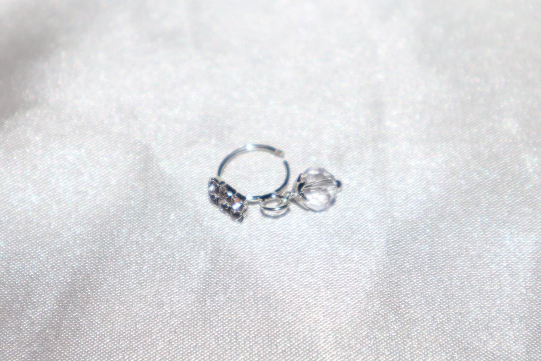 Silver Rectangle Nose Ring with Dangling Clear Ball End