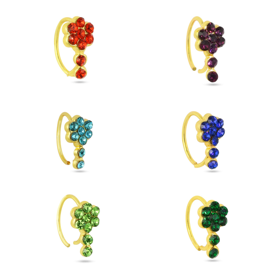 6 Pack Of Colored Flower Hoop Nose Rings