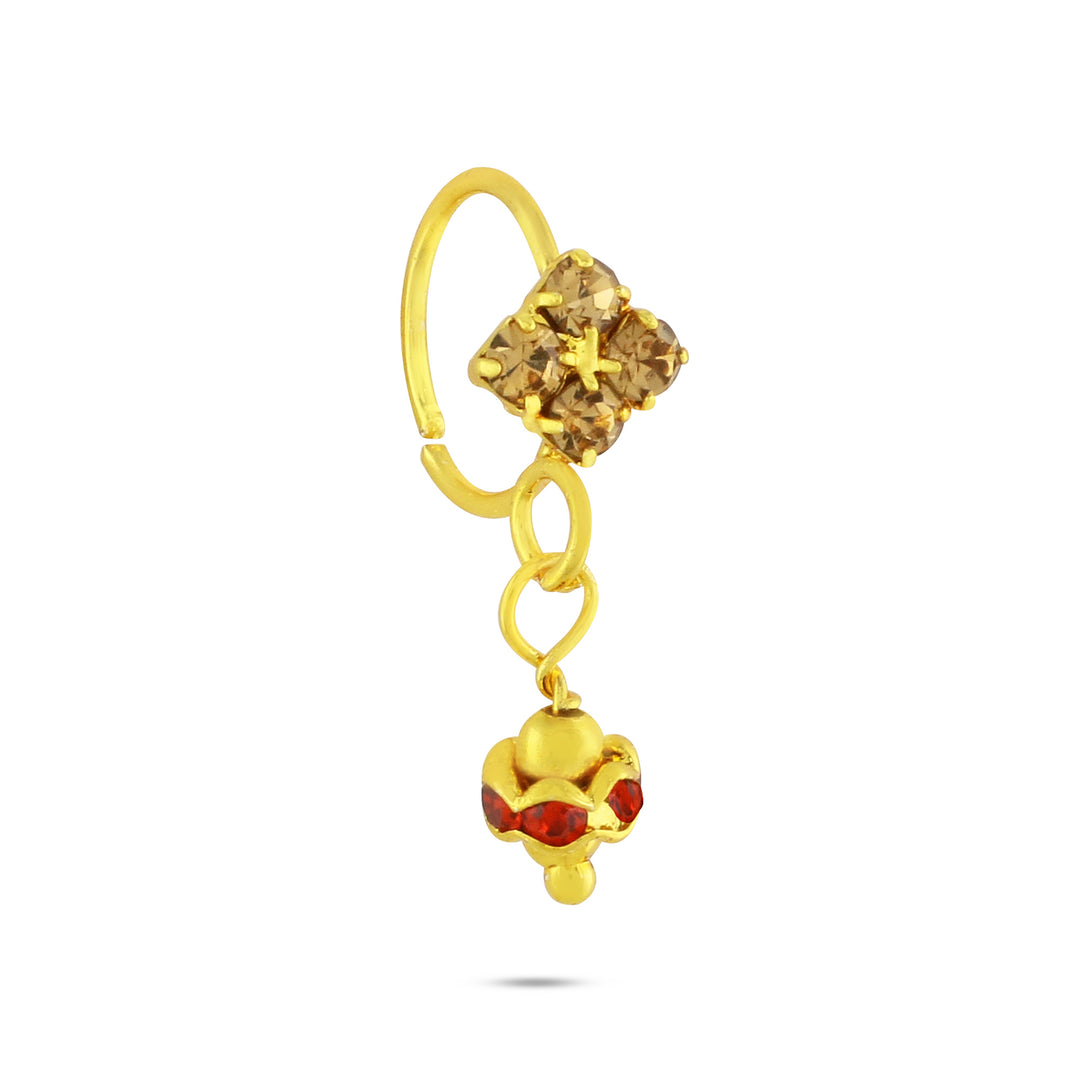 Brown 4 Diamond Nose Ring with Dangling Gold and Red End